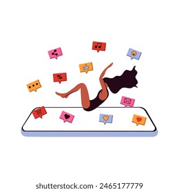 Doomscrolling at social media concept. Dependence on Internet, information and content. Gadget addiction. Illustration of the people fallen into a smartphone.