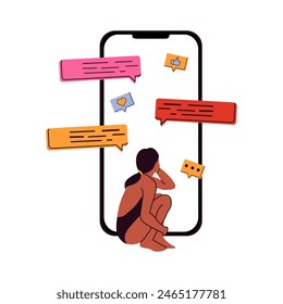 Doomscrolling en concepto de medios sociales. Dependencia de Internet, información y contenido. Adicción a aparatos. Ilustración de las personas caídas en un smartphone.