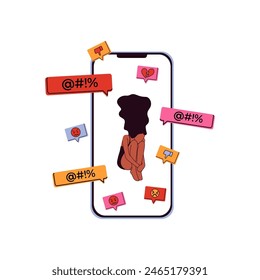 Doomscrolling at social media concept. Dependence on Internet, information and content. Gadget addiction. Illustration of the people fallen into a smartphone.