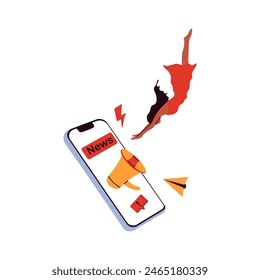 Doomscrolling at social media concept. Dependence on Internet, information and content. Gadget addiction. Illustration of the people fallen into a smartphone.