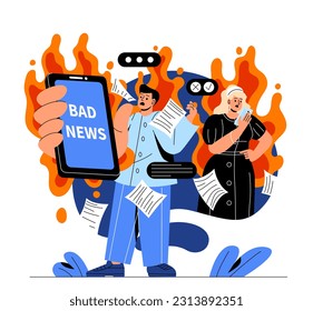 Das Domscrollen beim Konzept der sozialen Medien. Der Mensch steht mit Smartphone in der Hand vor dem Hintergrund eines Brandes. Abhängigkeit von Internet, Informationen und Inhalten. Gadget-Sucht. Cartoon-Flavektor-Vektorgrafik