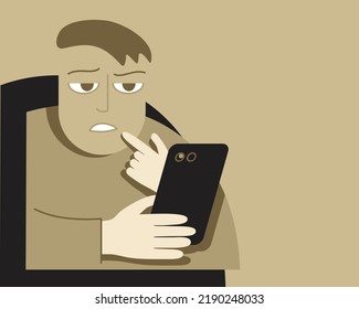 Doomscrolling - spending of screen time devoted to the absorption of negative news. Sad and confused person with phone. Vector illustration