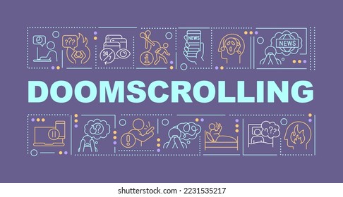 Doomscrolling word concepts dark blue banner. Absorb too much content. Infographics with editable icons on color background. Isolated typography. Vector illustration with text. Arial-Black font used