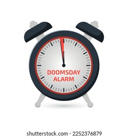 Doomsday alarm poster. Doomsday clock. 100 seconds to midnight. Symbol of global catastrophe, apocalypse sign. Flat vector illustration.