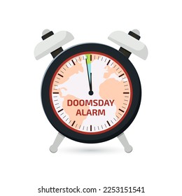 Doomsday alarm poster. Doomsday clock. 100 seconds to midnight. Symbol of global catastrophe, apocalypse sign. Flat vector illustration.