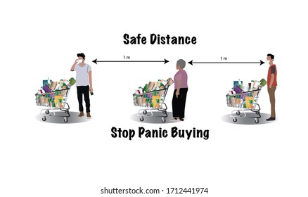 Doomsday chaos and pandemic virus outbreak concept, customer in panic buying lots of food due to movement control by government