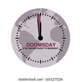 Doomsday clock showing 100 seconds to midnight over map globe. Countdown to global disaster, catastrophe and apocalypse. Vector illustration EPS 10 format