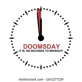 Doomsday clock showing 100 seconds to midnight. Countdown to global disaster, catastrophe and apocalypse. Vector illustration EPS 10 format