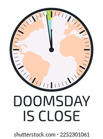 Doomsday is close poster. Doomsday clock. 100 seconds to midnight. Symbol of global catastrophe, apocalypse sign. Flat vector illustration.