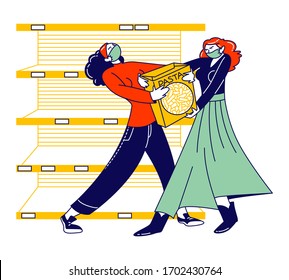 Doomsday Panic Concept. Women Characters Fighting for Products in Store During Coronavirus Outbreak or Covid-19 Quarantine, Epidemic Outbreak. Dangerous Covid Virus. Linear People Vector Illustration
