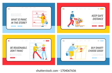 Doomsday Panic and Coronavirus Pandemic Chaos Landing Page Template Set. Characters Crazily Buying Goods from Supermarket Shelves, Fighting for Toilet Paper, Covid19. Linear People Vector Illustration