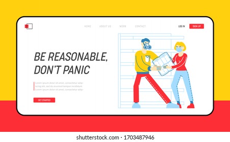 Doomsday Panic Landing Page Template. Characters Fight for Toilet Paper During Coronavirus Outbreak or Covid-19 Quarantine, Epidemic Outbreak. Dangerous Covid Virus. Linear People Vector Illustration