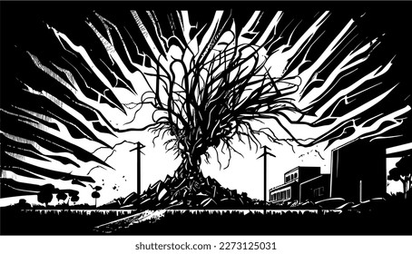 Doomsday vector black line illustration isolated white. Sketch art