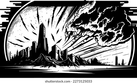 Doomsday vector black line illustration isolated white. Sketch art
