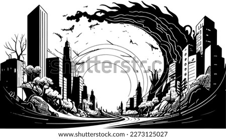 Doomsday vector black line illustration isolated white. Sketch art