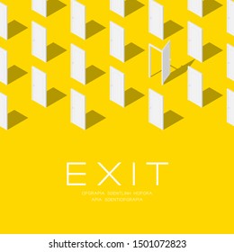 Door 3D isometric pattern, Exit concept poster and social banner post square design illustration isolated on yellow background with copy space, vector eps 10
