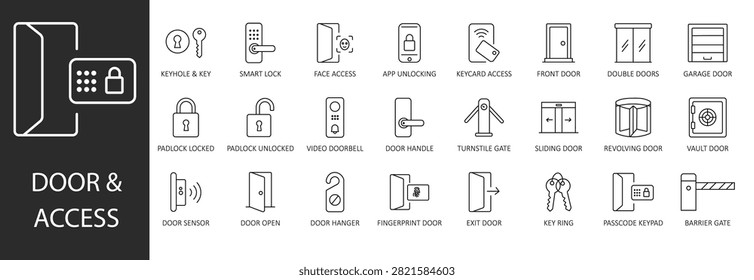 Door and access control line icons set including smart lock, keycard, face recognition, padlock, sliding door, turnstile, fingerprint scanner, and video doorbell for UI and security design.