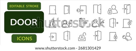 Door and access editable stroke icons including open door, closed door, key, lock, user access, exit, and security lock.