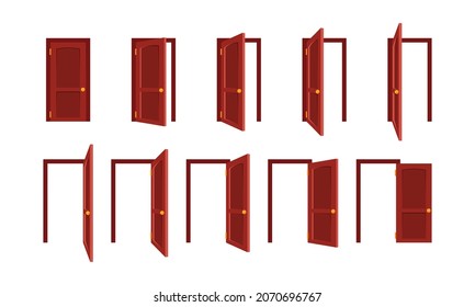 Door Animation. Open And Closed Office Doors Wooden And Steel Frames Home Sequence Set Garish Vector Templates Set