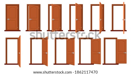 Door animation. Opened and closed wooden doors, sprite animation house entrance. Wood door in different position isolated vector illustration set. House facade or room entry isolated collection