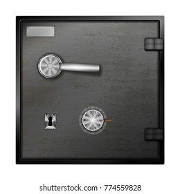 The door of the bank safe with the combination lock, keyhole and lever. Isolated object on white background.