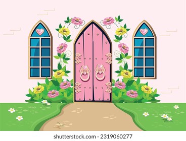 The door to the beautiful pink castle of the beautiful princess is decorated with heart-shaped jewels, windows and beautiful flower beds. Vector illustration of fairy tale architecture close-up 