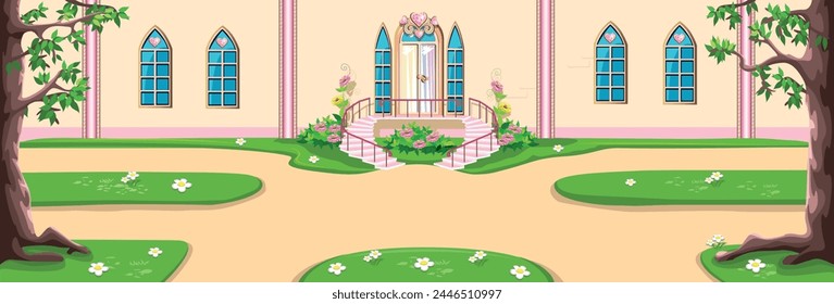 The door to the beautiful pink castle of the beautiful princess is decorated with heart-shaped jewels, windows and beautiful flower beds. Vector illustration of fairy tale architecture close-up 