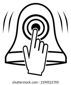 Door bell push Symbol with bell and hand in black outline. White Background.
Signal icon in contour design as vector.
Abstract Simple Bell ringing through finger.