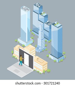 A porta para o conceito de cidade grande. Vetor 3d porta plana isométrica, homem e edifício de escritório