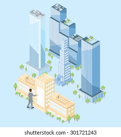 The door to the big city concept. Vector 3d flat isometric door, man and office building