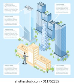 The door to the big city concept. Vector 3d flat isometric door, man and office building