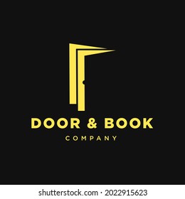 Door and book creative logo design. Minimalist simple door and book logo isolated on black background vector illustration