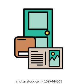 door with box carton packing postal service vector illustration design