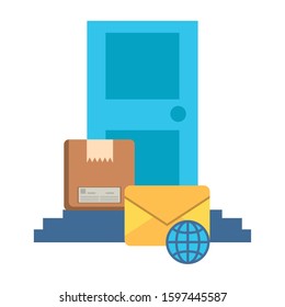door with box carton packing postal service vector illustration design