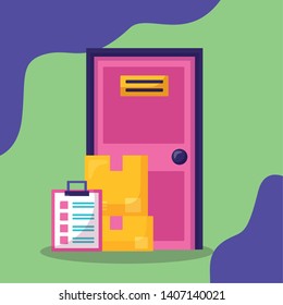 door boxes and clipboard fast delivery business vector illustration