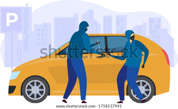 Door\
breaking auto machine, male character with accomplice street robber\
isolated on white, flat vector illustration. Car theft city urban\
landscape. Reveal window vehicle doorway pick\
lock.