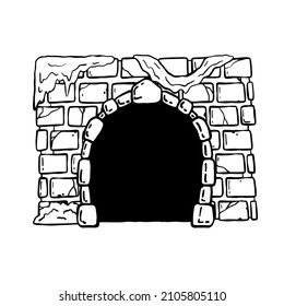 Door of castle. Entrance to fairy tale fortress or stone medieval old wall. Wooden open doorway. Cartoon hand drawn black and white illustration