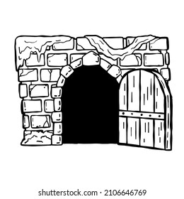 Door of castle. Entrance to fairy tale fortress or stone medieval old wall. Wooden open doorway. Cartoon hand drawn black and white illustration