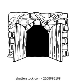 Schlosstür. Eingang zur Märchenfestung oder zur mittelalterlichen Steinmauer. Hölzerne offene Tür. Cartoon, handgezeichnet, schwarz-weiße Illustration