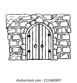 Door of castle. Entrance to fairy tale fortress or stone medieval old wall. Wooden closed doorway. Cartoon hand drawn illustration