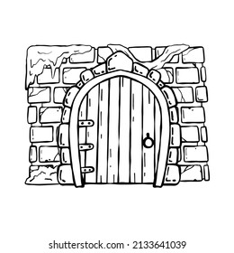 Door of castle. Entrance to fairy tale fortress or stone medieval old wall. Wooden closed doorway. Cartoon hand drawn illustration