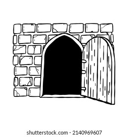Door of castle. Entrance to fairy tale fortress or stone medieval old wall. Wooden open doorway. Cartoon hand drawn black and white illustration