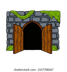 Door of castle. Entrance to fairy tale fortress or stone medieval old wall. Wooden open doorway. Cartoon hand drawn illustration