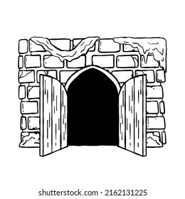 Door of castle. Entrance to fairy tale fortress or stone medieval old wall. Wooden open doorway. Cartoon hand drawn black and white illustration