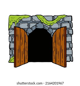 Door of castle. Entrance to fairy tale fortress or stone medieval old wall. Wooden open doorway. Cartoon hand drawn illustration