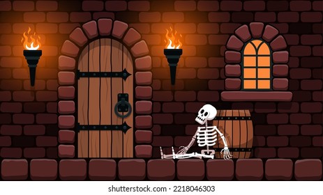 Door in the castle room with torches and a skeleton by the barrel. Vector