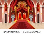 Door of the castle and windows, ancient rich medieval artwork with royal armor of knight guard. Image with throne of the king on the palace. Flags of fantasy fairy queen. Vector illustration.