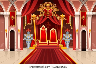 Door of the castle and windows, ancient rich medieval artwork with royal armor of knight guard. Image with throne of the king on the palace. Flags of fantasy fairy queen. Vector illustration.