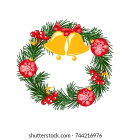 Door christmas decor. Pine tree wreath with bells and balls vector illustration. Holiday winter traditional decoration.