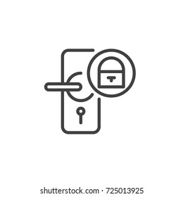 Door close with padlock line icon, outline vector sign, linear style pictogram isolated on white. Symbol, logo illustration. Editable stroke